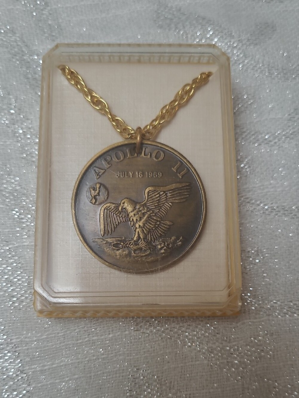 Vintage 1969 Apollo 11 Medallion Necklace, IOB, NASA Tours at KSC